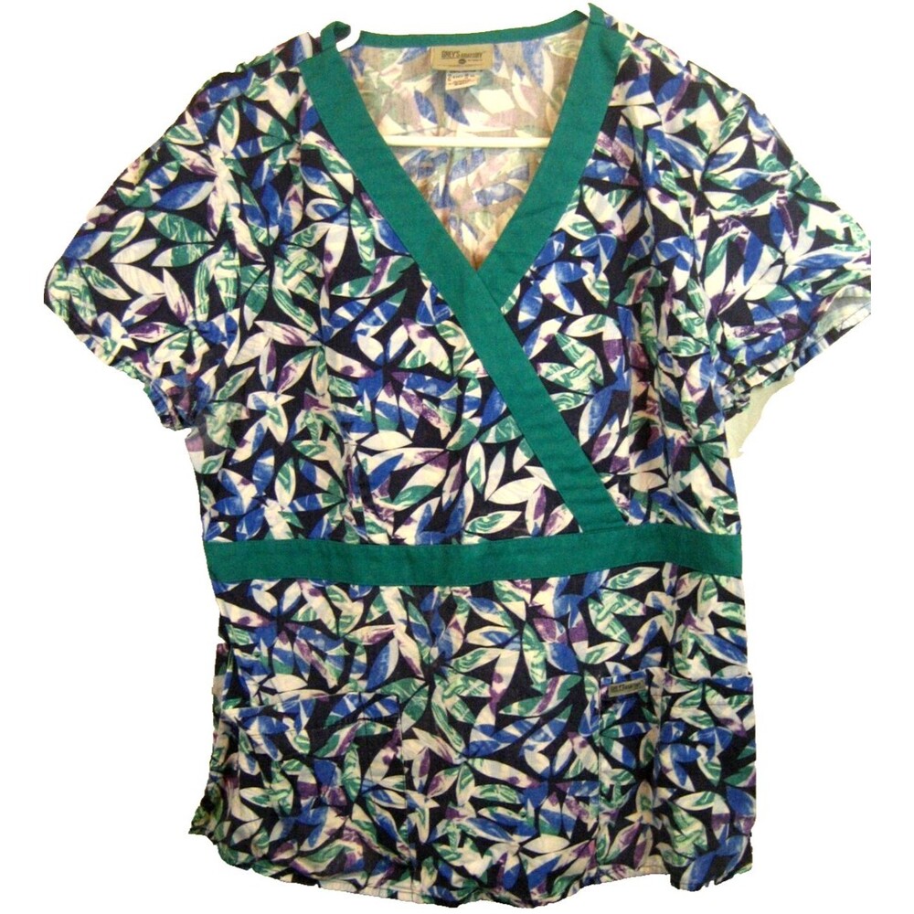 Womens Gray's Anatomy Green Floral SS Medical Scrub Top sz XL